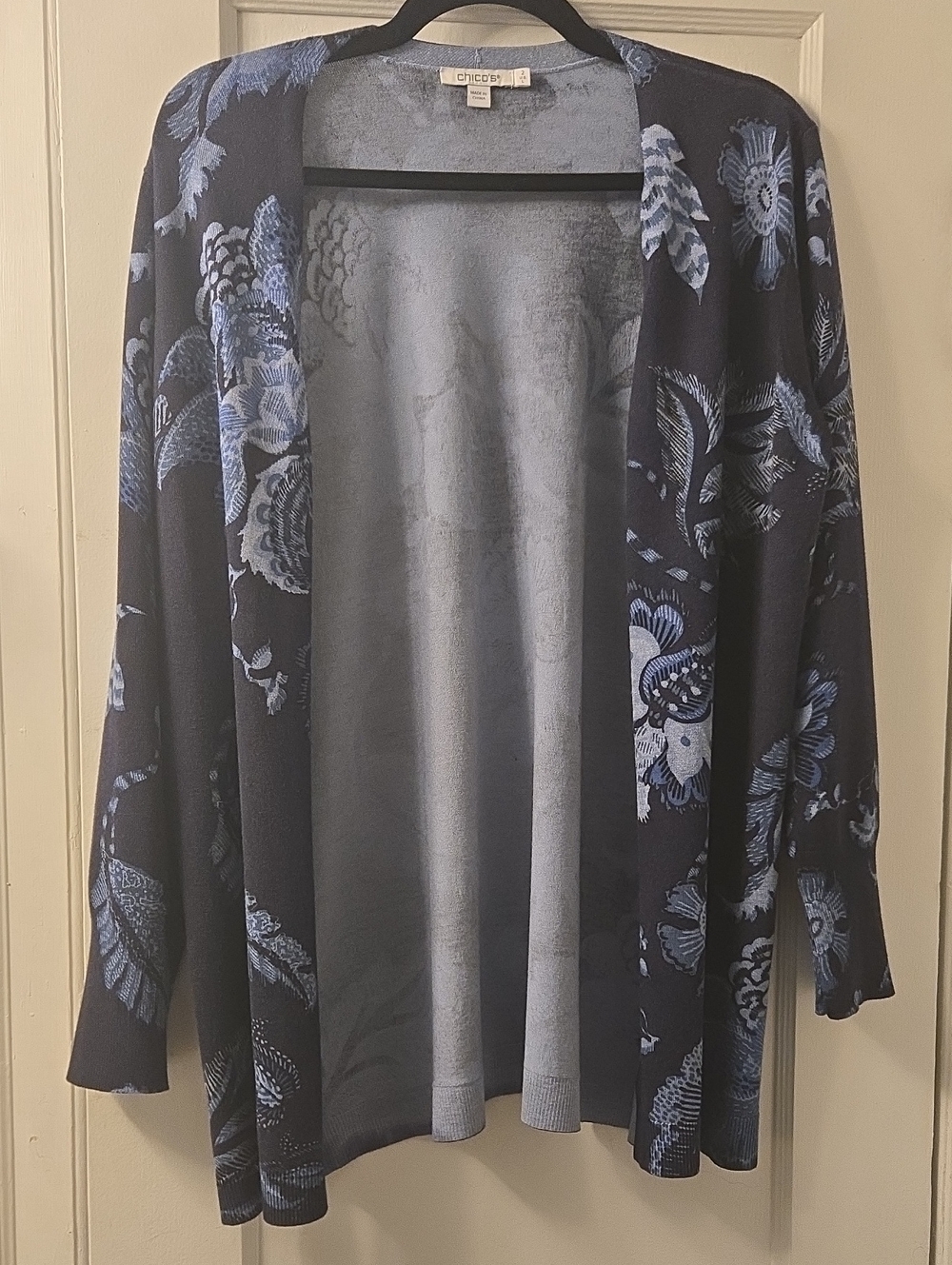 Chico's Navy Cardigan with Light Blue Floral Motif